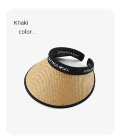 UPF50 + sunscreen cap empty top women's summer cycling anti-ultraviolet uv sun hat all-match large eaves folding sun hat (Color: Headband Straw-Khaki, size: All yards)