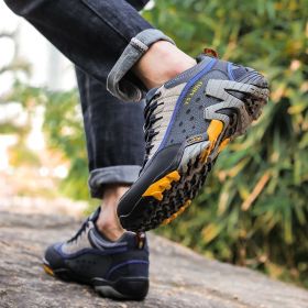 Outdoor Lover Trekking Shoes Men Waterproof Hiking Shoes Mountain Boots Genuine Leather Woodland Hunting Tactical Shoes (Color: Dark blue yellow, size: 42)