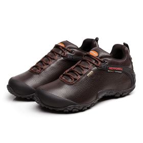 High Quality Unisex Hiking Shoes Autumn Winter genuine leather Outdoor Mens women Sport Trekking Mountain Athletic Shoes (Color: Gold, size: 40)